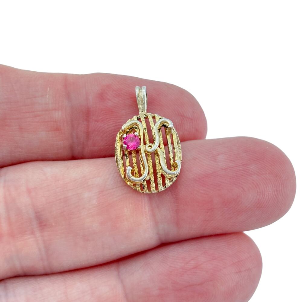 Vintage Sterling Silver 925 Simulated Ruby Monogram Pendant